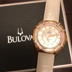 Bulova Diamond Watch with a white leather band